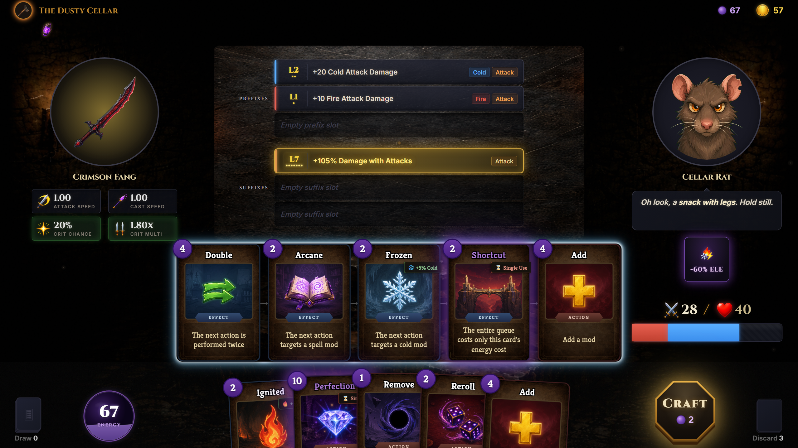 Wizkitty in combat with a weapon, active mods, and a hand of action cards.