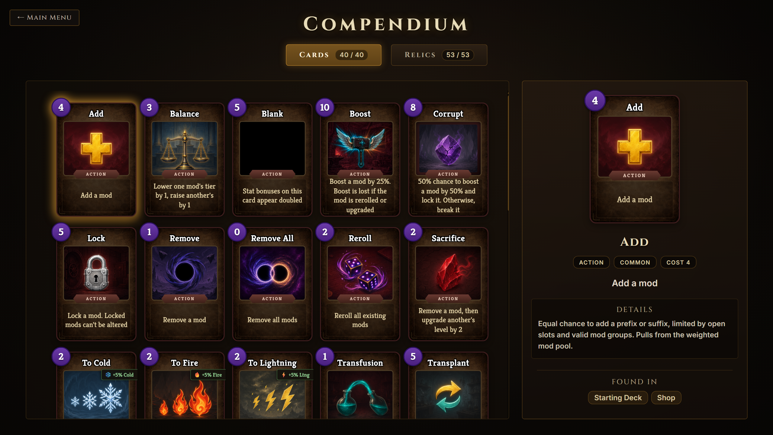 The card compendium showing dozens of cards and their effects.