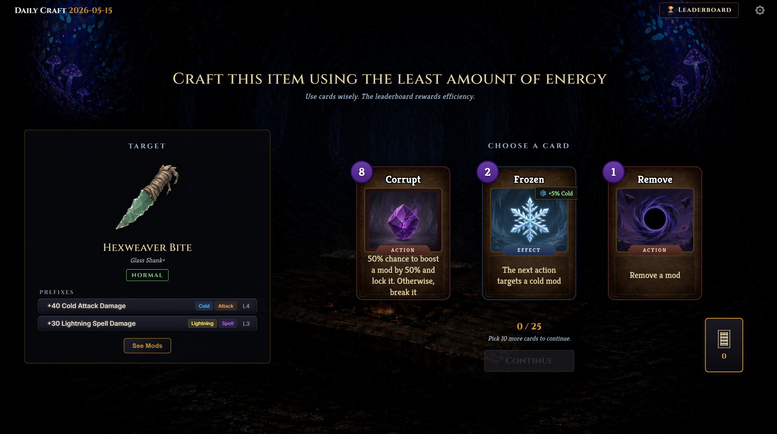A daily crafting challenge: forge the target item using the least energy. Leaderboard at top.