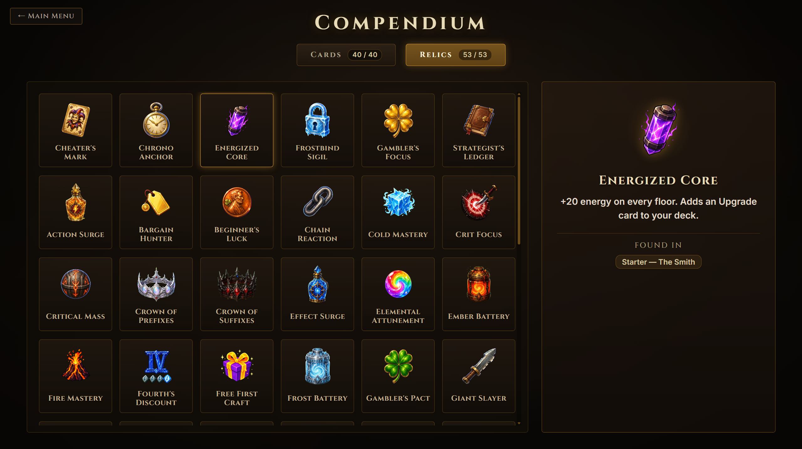 The relic compendium showing dozens of relics and their effects.