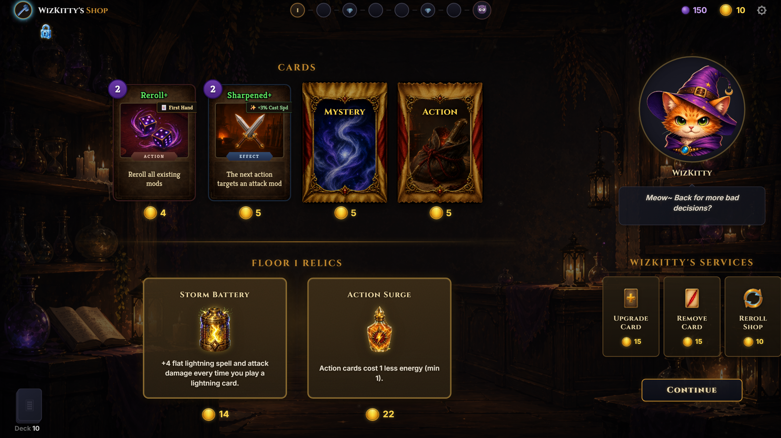 Wizkitty's Shop with cards, relics, and services for sale.