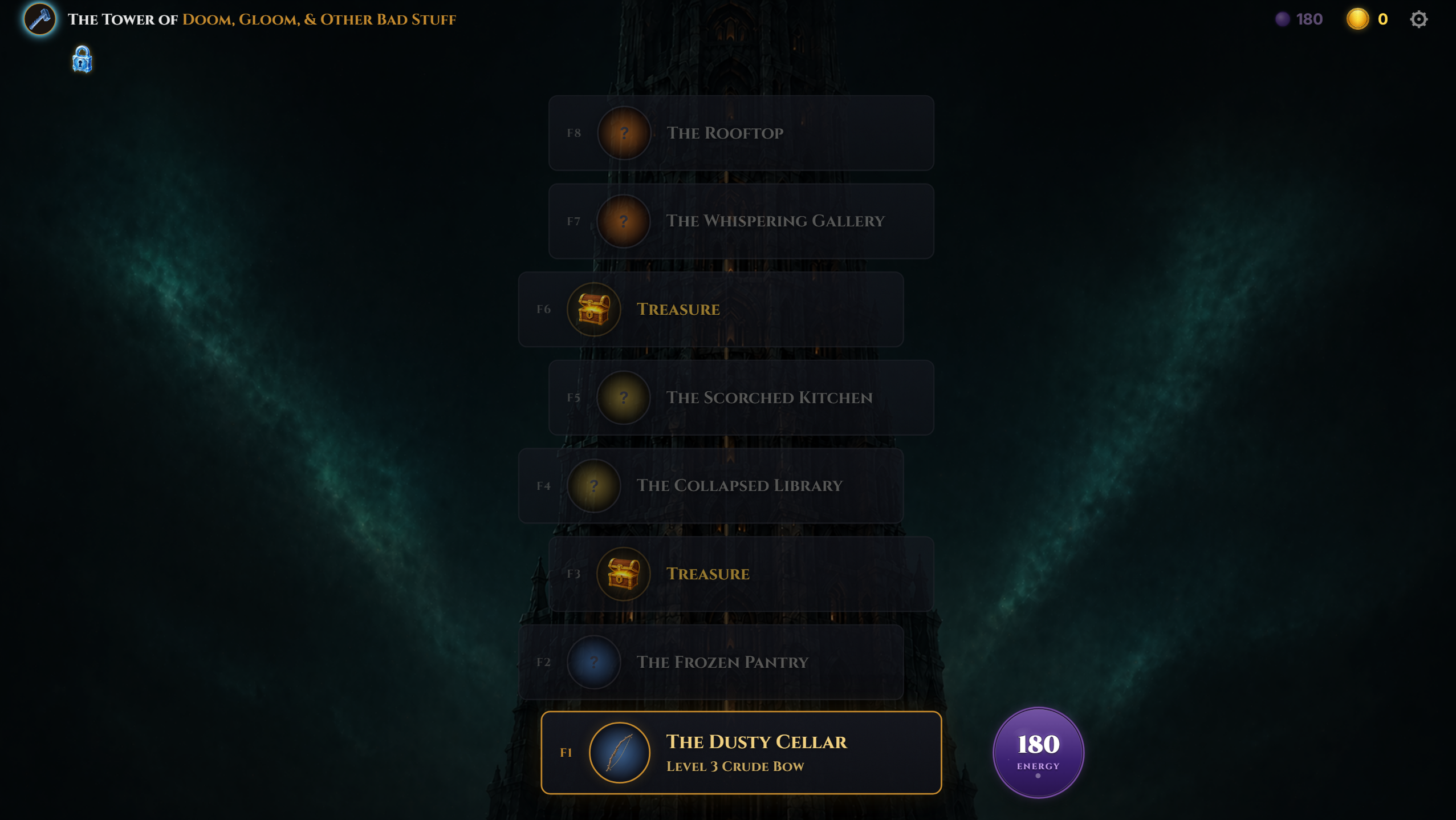 The Tower map screen showing the path of floors leading up.