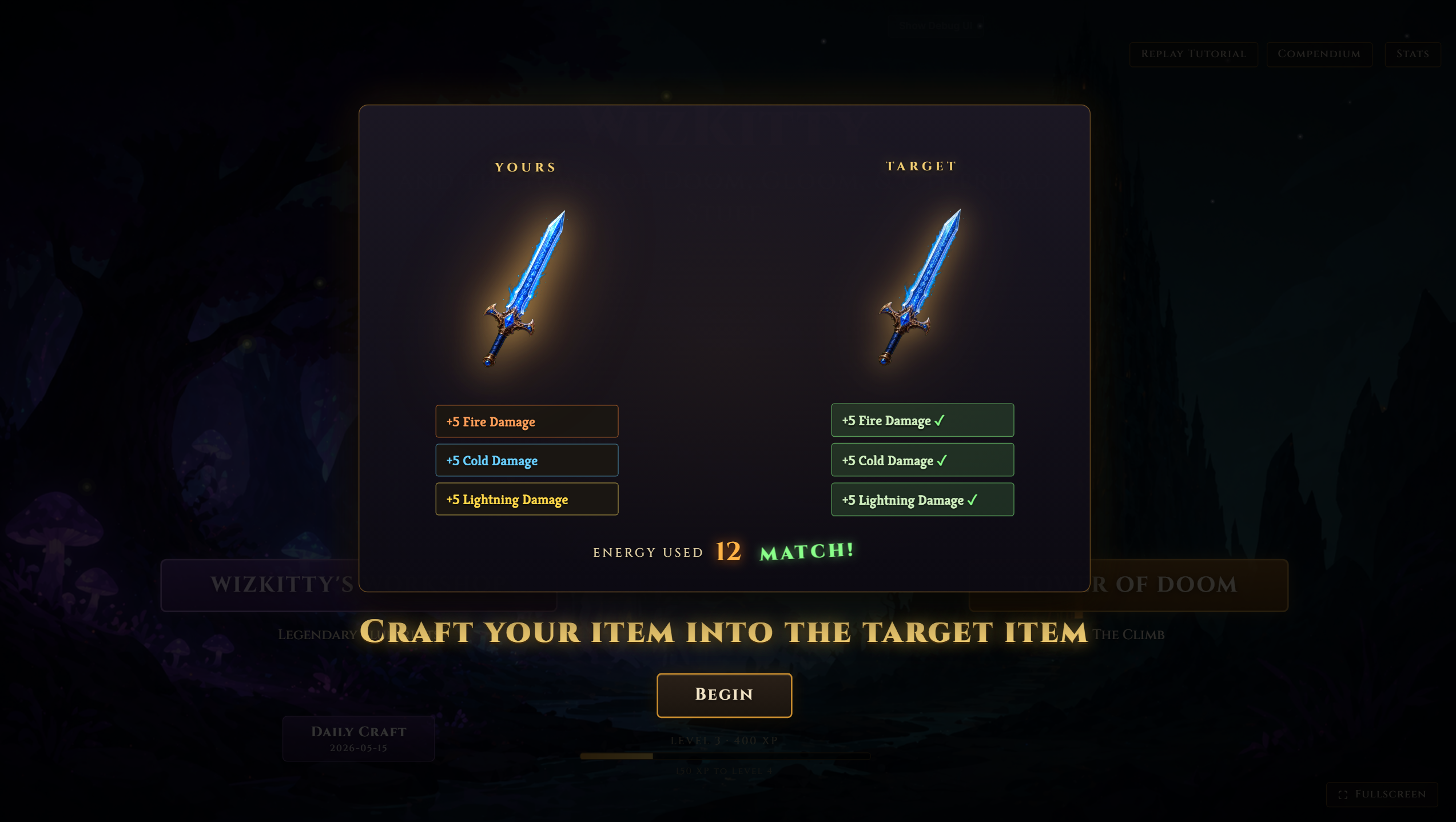 A crafting puzzle: match your weapon's mods to the target item.